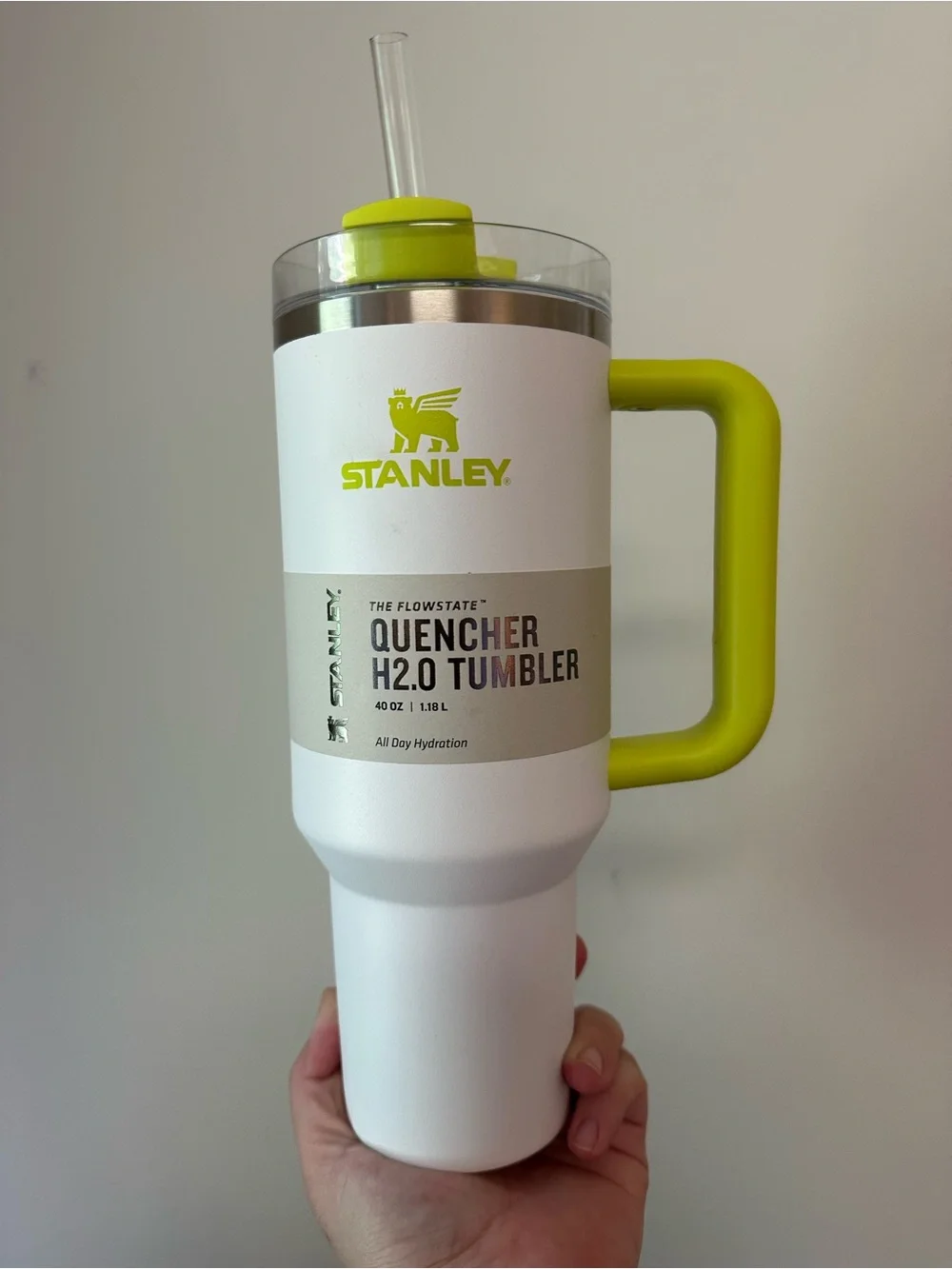 Stanley 40 oz. White Tumbler with Neon yellow Handle NWT - Picture 2 of 8